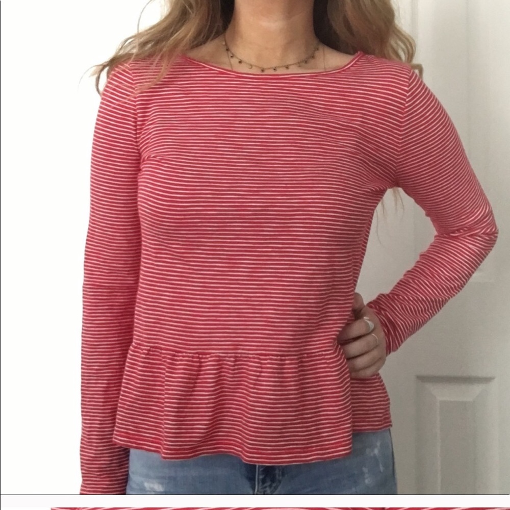 J crew striped peplum long sleeve top red white m medium - Picture 3 of 9